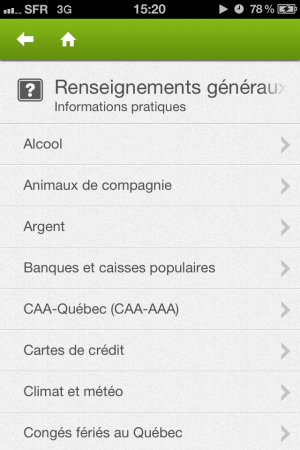 Renseignements généraux de l'application iPhone Québec Tourisme