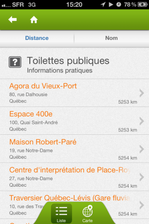 Les toilettes publiques sur l'application iPhone Québec Tourisme