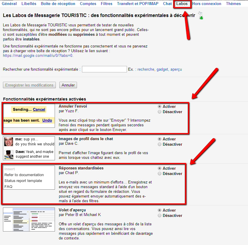 Activer les fonctionnalités dans le labo de Gmail