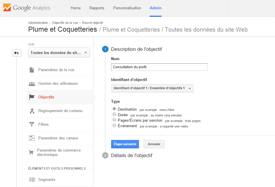 Description de l'objectif sur Google Analytics