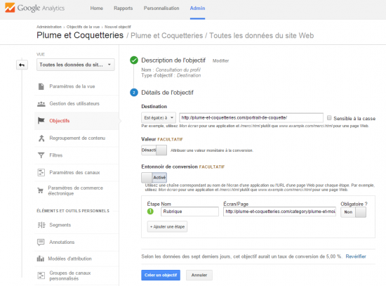 Détails de l'objectif sur Google Analytics