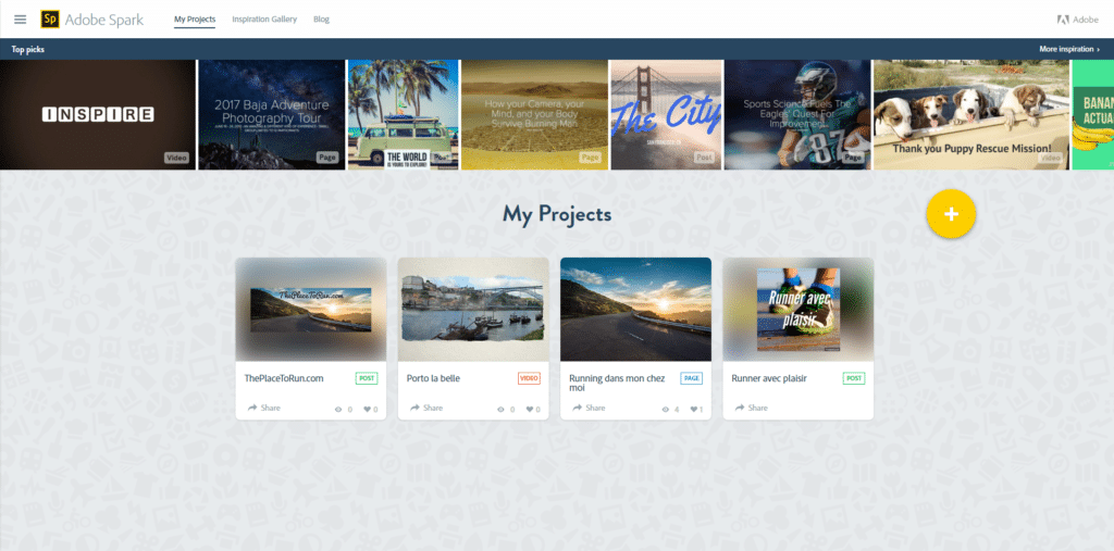 Liste des projets Adobe Spark