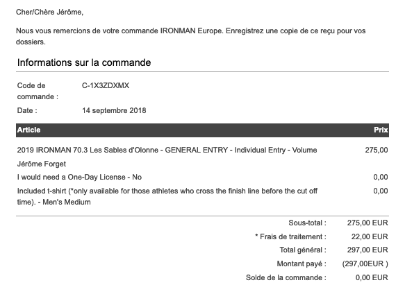 Facture de l'half Ironman des Sables Olonne de 297 €. Bienvenue dans le sport business même pour des amateurs