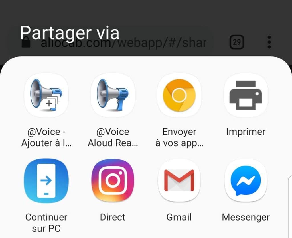 La fonctionnalité de partage avec Voice Aloud Reader