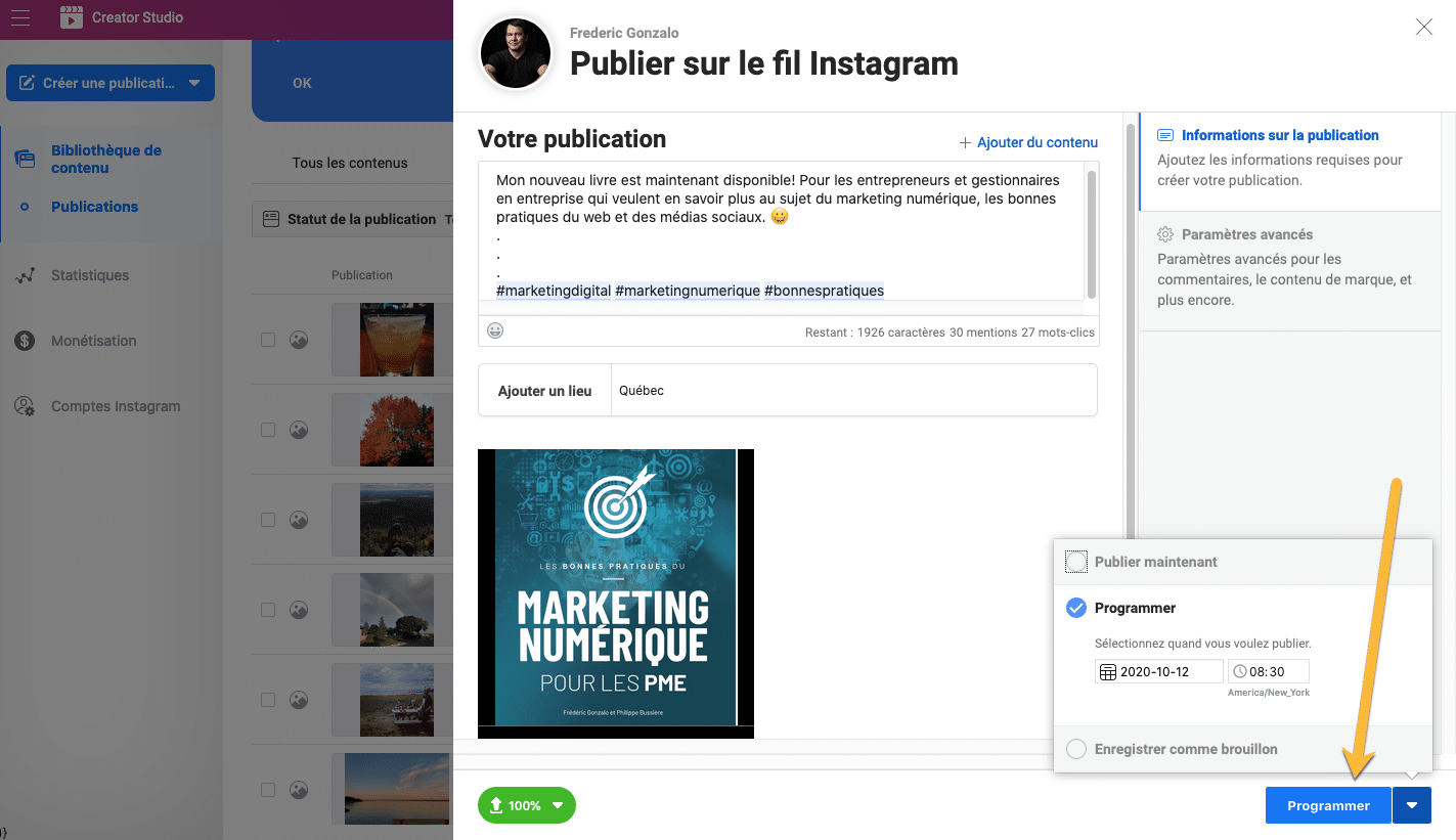 Planifier une publication Instagram avec Creator Studio