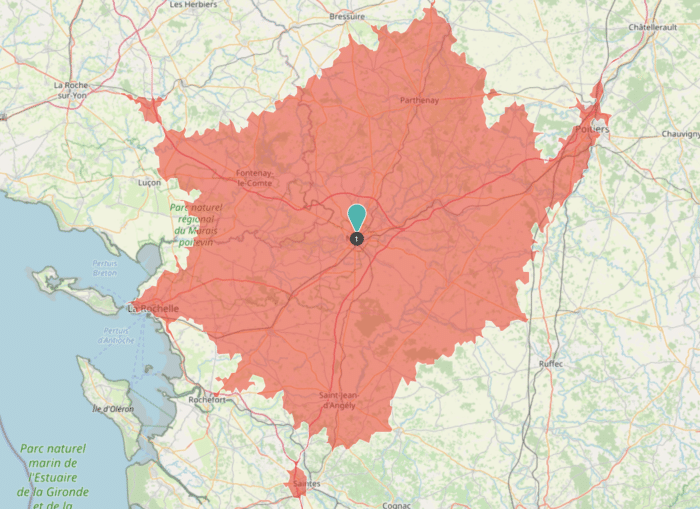 carte isochrone autour de niort