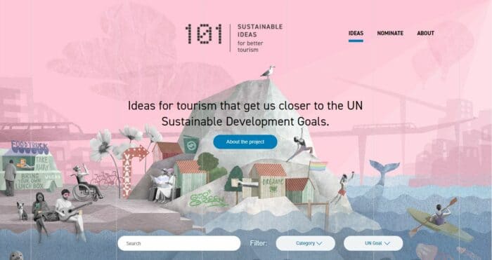 Page d'accueil du site "101 sustainable ideas" présentant des projets touristiques inspirants du monde entier