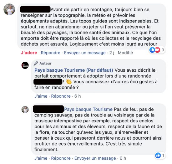 Discussion sur la page Facebook de Pays Basque Tourisme sur les bons comportements a adopter lorsqu'on part en randonnée.  