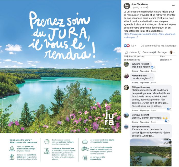 Le Jura est une destination nature idéale pour se ressourcer, s’évader et se retrouver. Profiter de vos vacances dans le Jura c’est aussi nous aider à rendre la destination encore plus agréable à vivre et à visiter, en réduisant le plus possible votre empreinte écologique, et en respectant les lieux et les habitants.