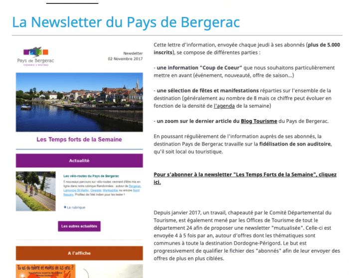 page du site web du pays de bergerac expliquant ce que contient la newsletter