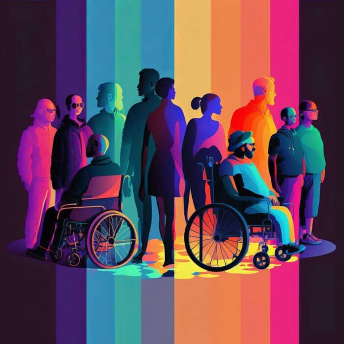 Représentation artistique et colorée de l'inclusivité et de la diversité. On aperçoit un groupe de 11 personnes aux origines diverses. Au premier plan, deux personnes en fauteuil roulant. Des bandes de couleurs faisant référence au drapeau LGBTQI+ composent le fond de l'image. 