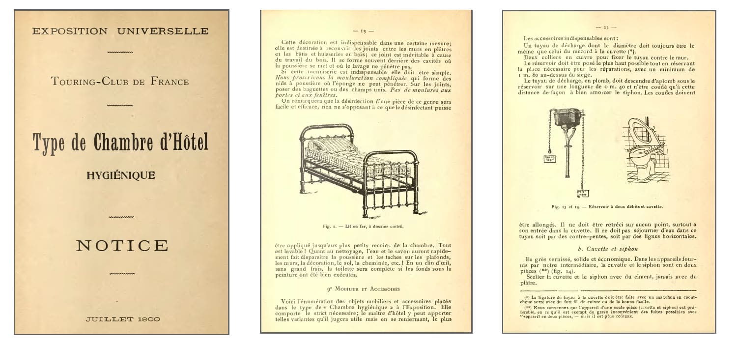 Image d'archive du Touring Club de France. Document de présentation de la chambre hygiénique à l'occasion de l'exposition universelle de Paris en juillet 1900