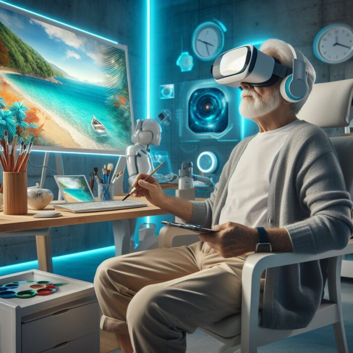 Un homme occupant son temps libre et en peignant avec un caque de réalité virtuelle sur la tête