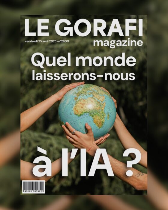 Fausse couverture de magazine par Le Gorafi. Une approche absurde qui montre une planète tenue à bout de bras et un titre : "Quel monde laisserons-nous à l'IA ?"